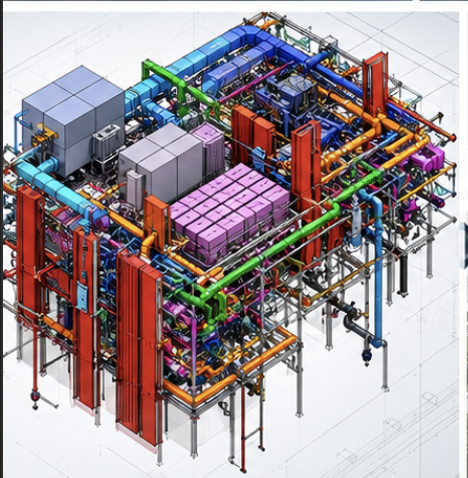 Detailed coordinated MEP model with colour-coded services and equipment.