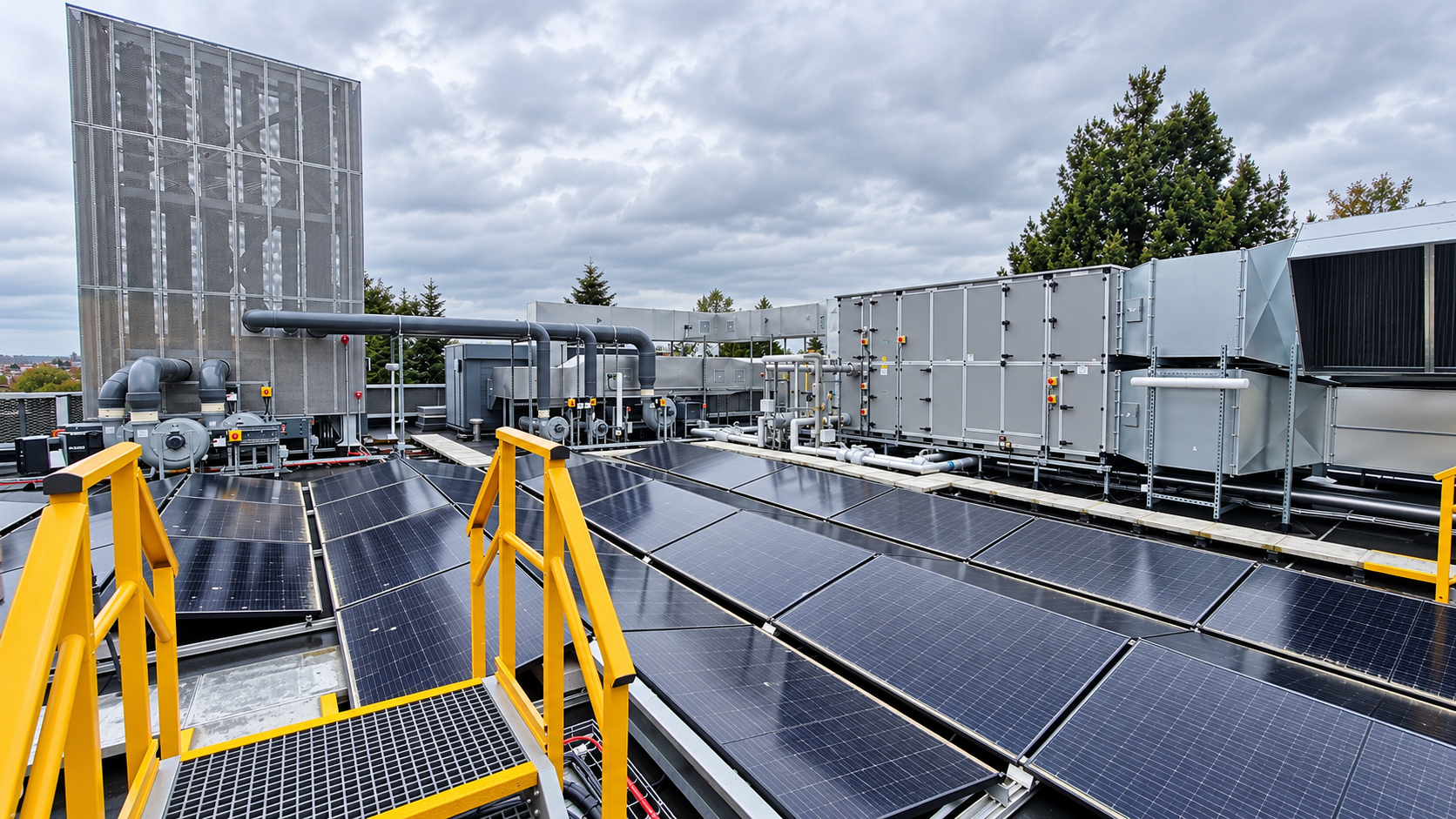 Rooftop solar panels and mechanical plant equipment documented for an existing-conditions survey.