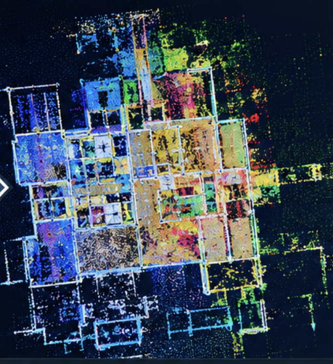 Colourised point-cloud floor plan of a captured building.