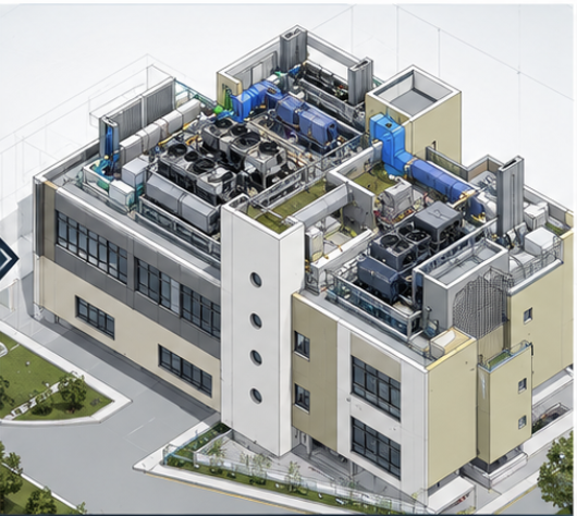 Coordinated three-dimensional building model with rooftop services visible.