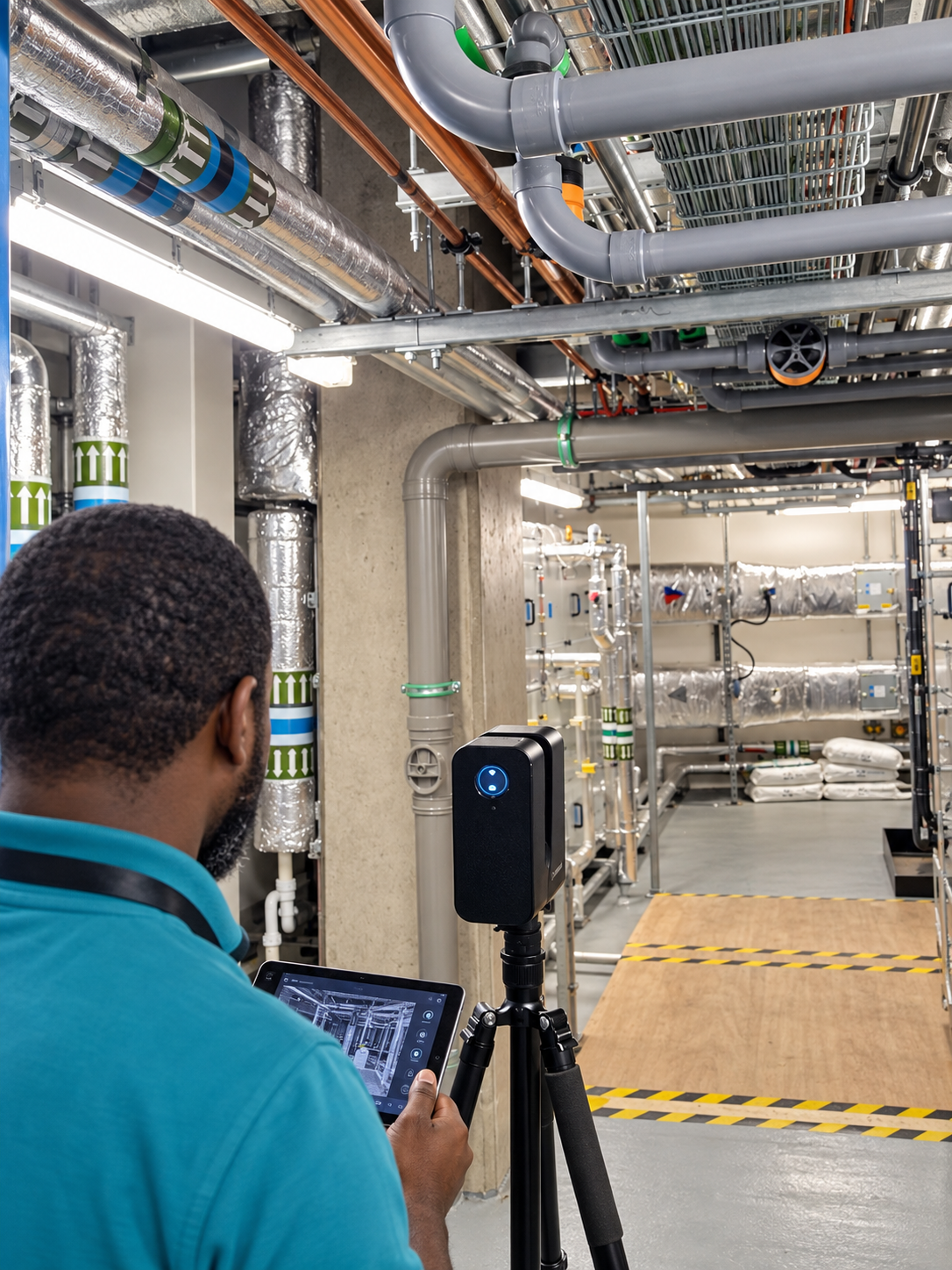 Surveyor seen from behind operating a terrestrial laser scanner in a mechanical plantroom.